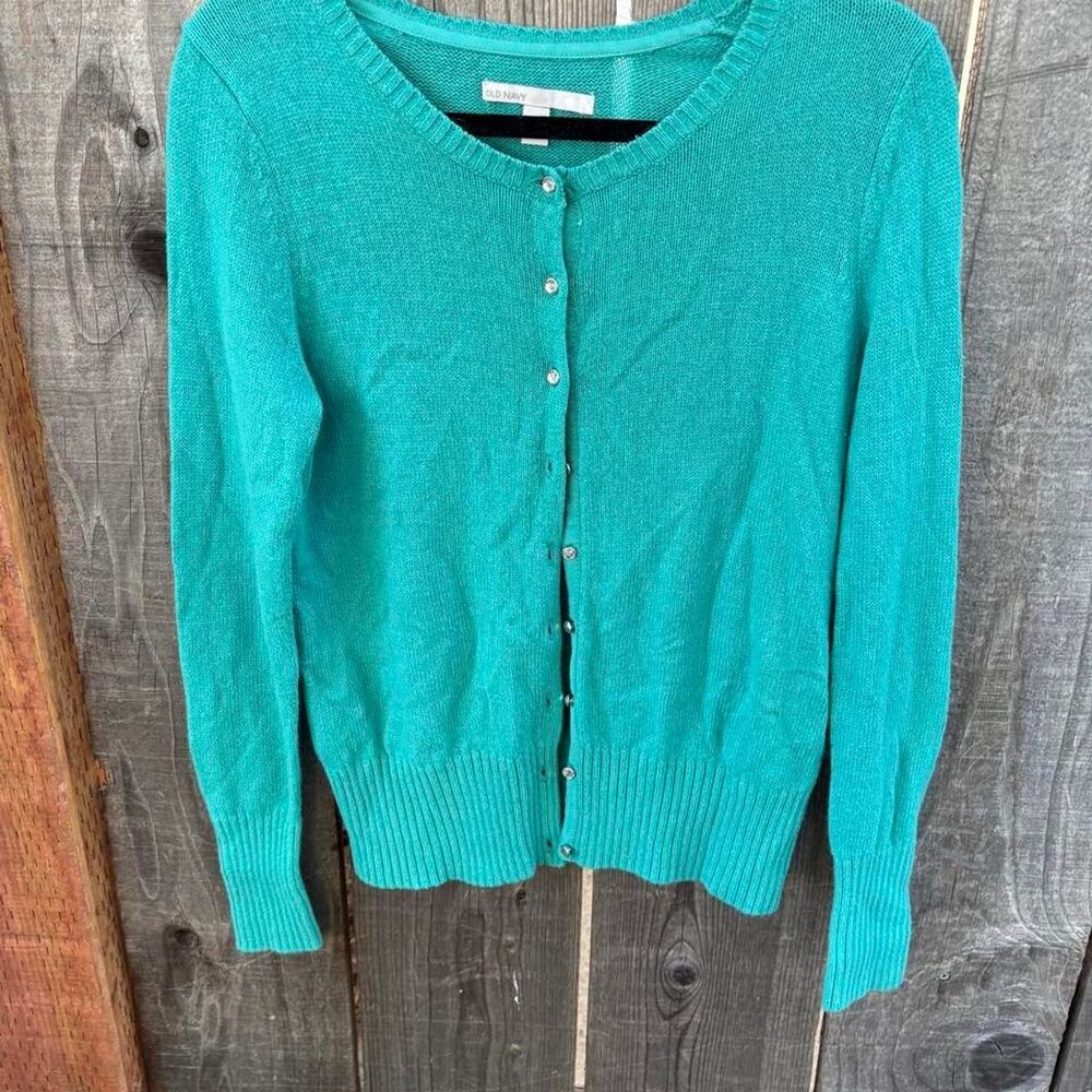 Old Navy teal cardigan with rhinestone buttons, size M
